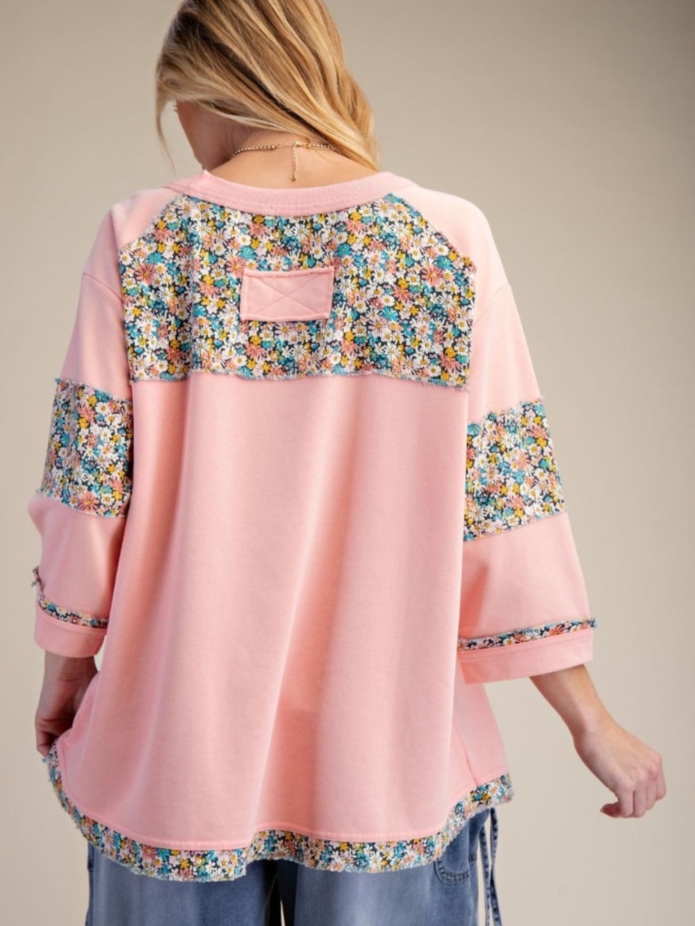 NEW EASEL Floral PATCH SOFT WASHED TERRY KNIT TOP BOXY PATCHWORK PINK RELAXED - Picture 2 of 4